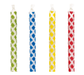 Four tall candles with diamond lattice patterns in green, blue, yellow, and red on white backgrounds.