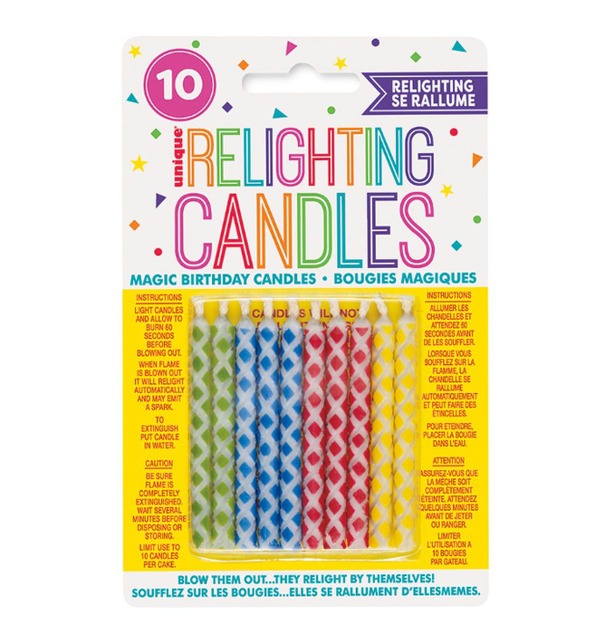Package of 10 relighting magic birthday candles with diamond dot patterns in blue, red, and yellow, displayed on yellow instruction card with colorful text and shapes.