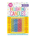 Package of 10 relighting magic birthday candles with diamond dot patterns in blue, red, and yellow, displayed on yellow instruction card with colorful text and shapes.