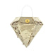 Cream-colored diamond-shaped piñata with gold foil finish, white handles at top, and a yellow "Lift Here" circle label on the front.