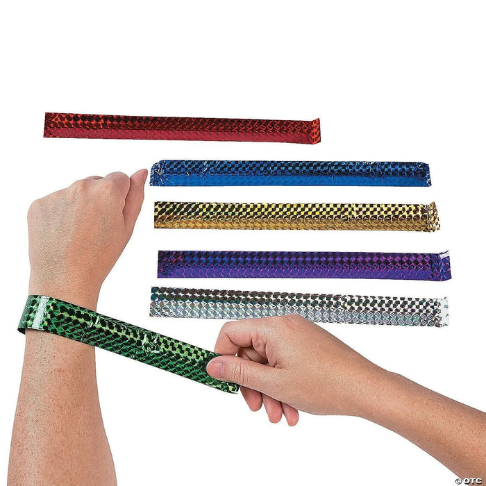 Six colorful diamond-patterned metallic slap bracelets in red, blue, gold, purple, silver, and green displayed with one worn on a model's wrist.