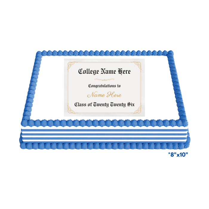 Blue-bordered rectangular edible cake image with white center panel featuring a customizable graduation diploma design in black and gold text, measuring 8 inches by 10 inches.