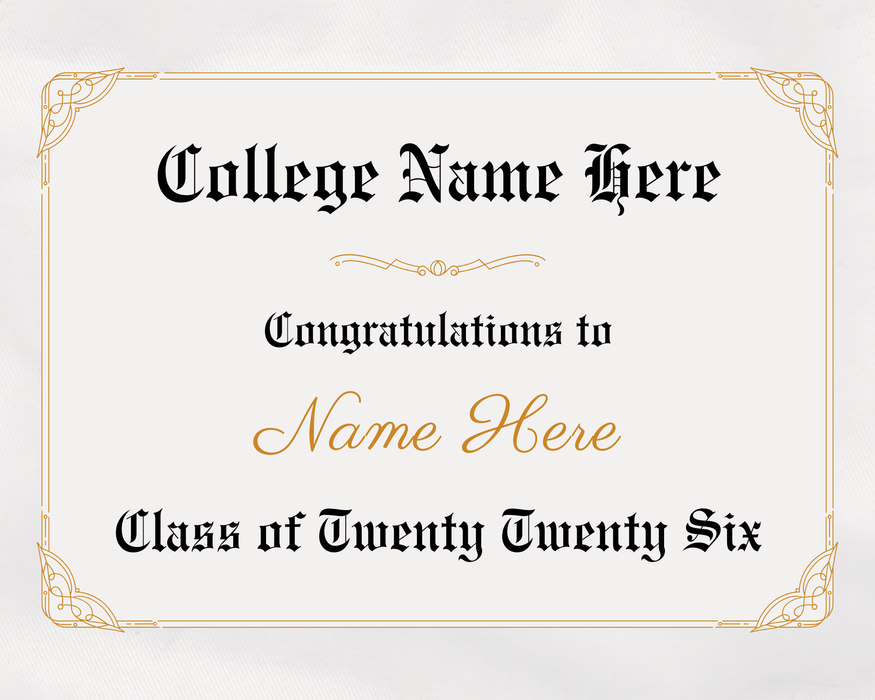 Rectangular edible image with cream background and gold decorative corner borders, featuring black Gothic text reading "College Name Here," "Congratulations to Name Here," and "Class of Twenty Twenty Six," with a gold ornamental divider.