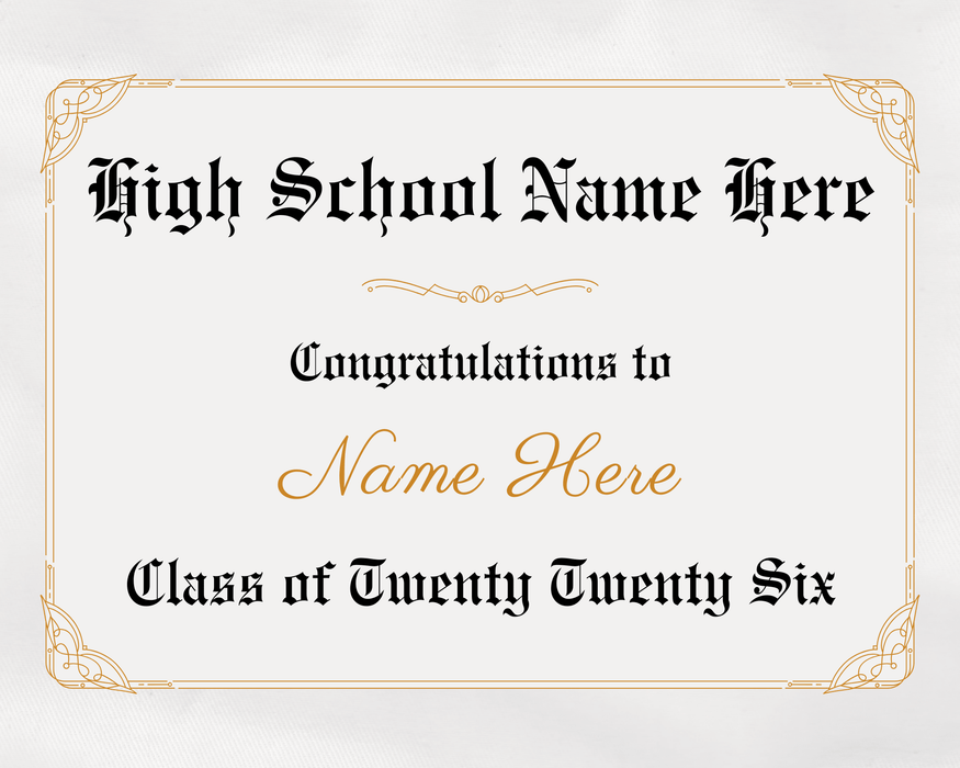 Cream-colored edible image certificate with gold decorative corner borders and black text reading "High School Name Here," "Congratulations to Name Here," and "Class of Twenty Twenty Six.