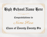 Cream-colored edible image certificate with gold decorative corner borders and black text reading "High School Name Here," "Congratulations to Name Here," and "Class of Twenty Twenty Six.