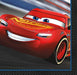 Red animated race car character with blue eyes and white stripe on black background with blue border, Disney Cars napkin package design.