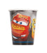 Disposable paper cup featuring a red animated race car character with "Rust-eze" branding and a yellow car character on the side against a gray background.