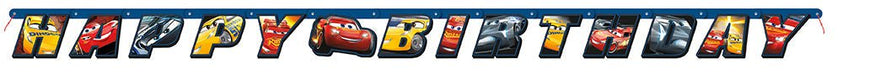 Blue banner with jointed letter tiles featuring colorful Cars characters and text spelling "HAPPY BIRTHDAY" in a festive decoration design.