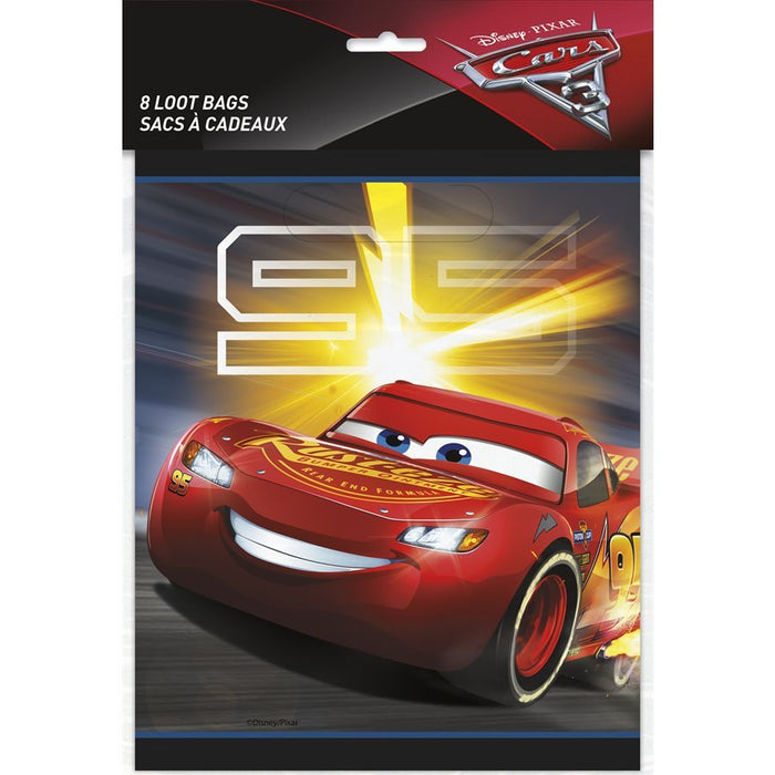 Package of eight loot bags featuring a red animated race car character with a smiling face, set against a yellow light burst background with the Cars 3 logo.