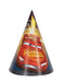 Red cone-shaped party hat featuring Lightning McQueen character with yellow racing stripes and "Rusteze" text on black and yellow printed background.