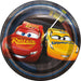 Round paper plate featuring red car Lightning McQueen and yellow car Cruz Ramirez from Disney Cars on a dark background with blue circular border design.