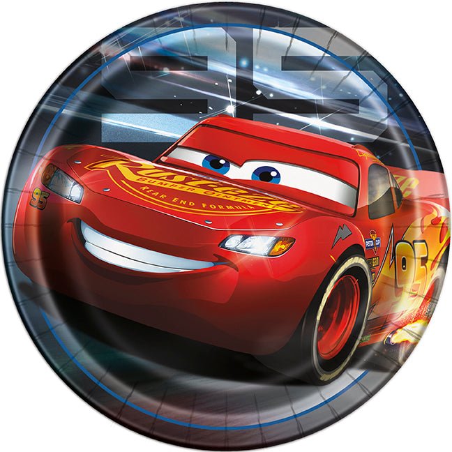 Round paper plate featuring a smiling red race car character with flame designs, printed on a dark background with blue circular border detail.