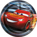 Round paper plate featuring a smiling red race car character with flame designs, printed on a dark background with blue circular border detail.