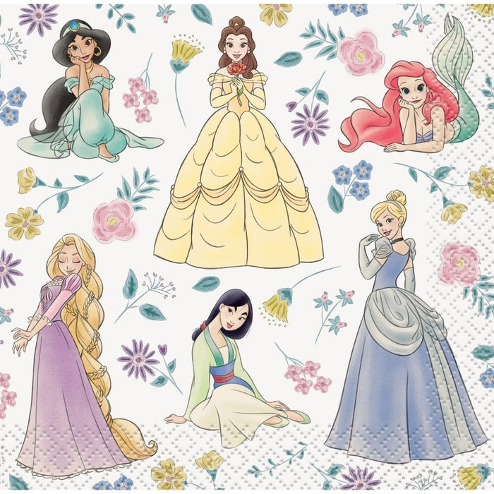 Pack of 16 white napkins featuring Disney Princesses in colorful dresses surrounded by floral designs in pink, purple, yellow, and blue.