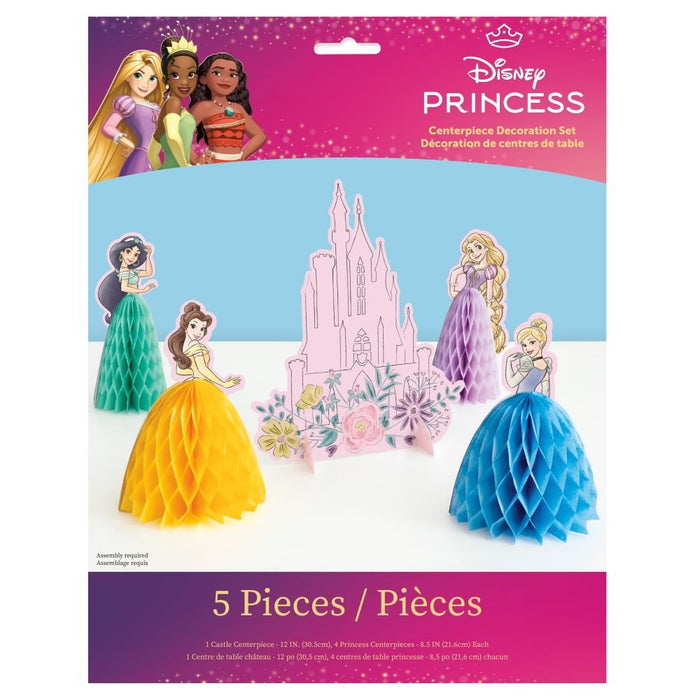 Disney Princess 5-piece centerpiece set with a pink castle decoration and princess character centerpieces featuring colorful honeycomb skirts.