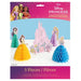 Disney Princess 5-piece centerpiece set with a pink castle decoration and princess character centerpieces featuring colorful honeycomb skirts.