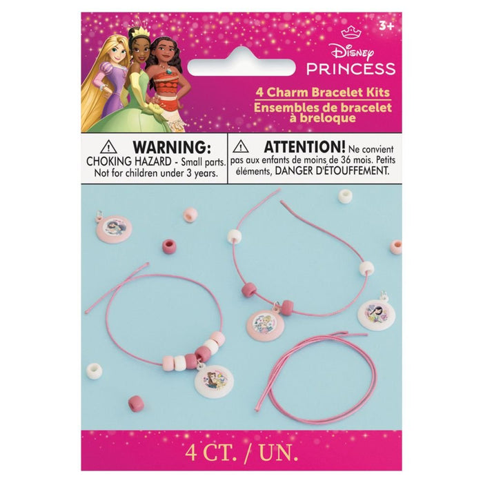 Disney Princess 4 charm bracelet kits on light blue background, featuring pink cords, beads, and character charms with warning labels at top.