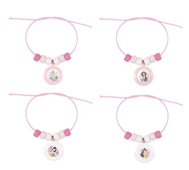 Four pink beaded bracelets with adjustable cord closures, each featuring a different Disney Princess character pendant in shades of pink and white.