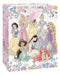 Pink gift bag featuring nine Disney Princesses in colorful ball gowns surrounded by a floral border design with roses and small flowers.