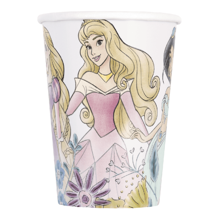 White paper cup featuring an illustrated Disney Princess with long blonde hair in a pink ball gown, surrounded by colorful flowers and floral designs.