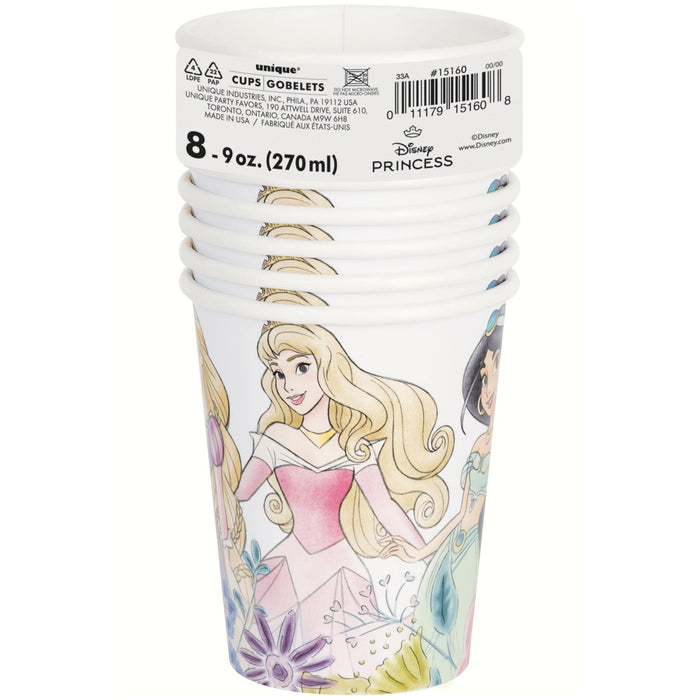 Stack of eight white disposable paper cups featuring Disney Princess characters, each 9 ounces, with princess illustrations and colorful floral designs around the sides.