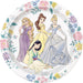 White paper plate featuring four Disney Princesses in colorful gowns surrounded by a floral border with pink roses, blue flowers, and yellow blossoms.