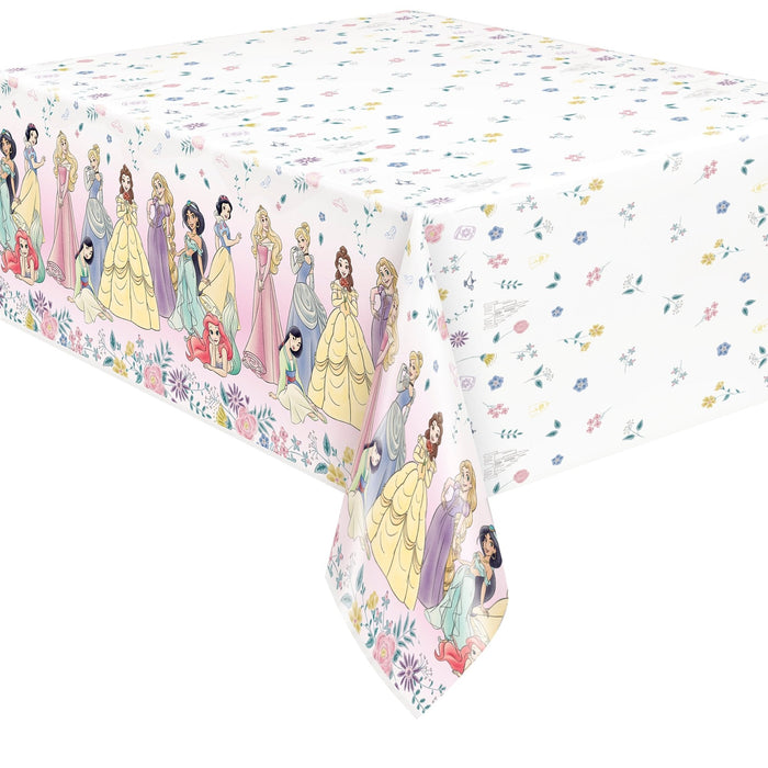 White plastic tablecover featuring Disney Princesses in colorful gowns and floral patterns, measuring 54 by 84 inches.