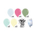 Product kit image showing 4 white latex balloons, 4 pastel pearl pink latex balloons, 3 sage green latex balloons, 3 mint latex balloons, 3 pale yellow latex balloons, a matching balloon weight, and a balloon transport bag.