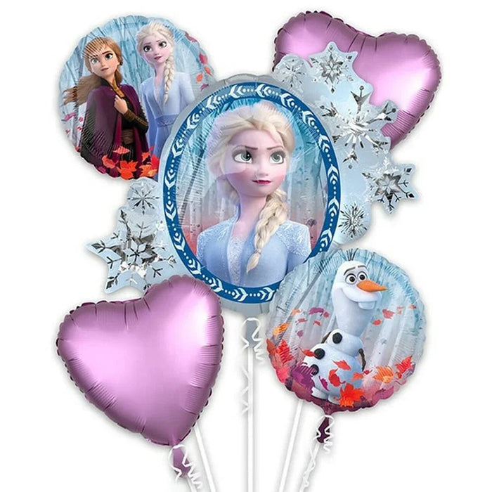 Five mylar balloons featuring Frozen II characters including Elsa in the center with a blue ornate frame, two pink hearts, snowflake designs, and character portraits of Anna, Elsa, and Olaf arranged in a bouquet.