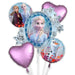 Five mylar balloons featuring Frozen II characters including Elsa in the center with a blue ornate frame, two pink hearts, snowflake designs, and character portraits of Anna, Elsa, and Olaf arranged in a bouquet.