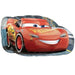 Red race car character balloon with number 95 and smiling face, featuring yellow racing stripes and checkered flag design on blue racetrack background.