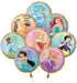 Eight character balloons arranged in a flower pattern featuring Disney Princesses in colorful dresses on gold-trimmed round balloons in shades of blue, pink, and purple.