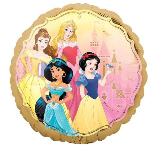 Gold scalloped round mylar balloon featuring four Disney Princesses in colorful ball gowns with a pink castle in the background.
