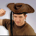 Brown distressed suede pirate hat with black chin strap and decorative beads, displayed on a model wearing a brown ribbed sweater.
