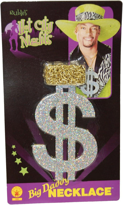 Large sparkly dollar sign pendant necklace with multicolored glitter finish, displayed on Hot City Nights branded packaging featuring a man in a lime green cowboy hat.