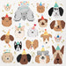 Illustrated sheet of 16 colorful party napkins featuring various cartoon dog faces wearing birthday hats in pastel colors with confetti and "Happy Birthday" text throughout.