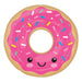 Pink frosted donut-shaped mylar balloon with tan cookie-colored rim, colorful sprinkles, and a smiling face with black eyes and rosy cheeks.