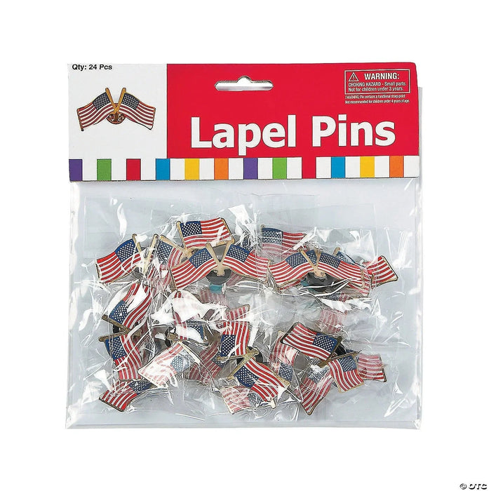 Package of 24 lapel pins featuring crossed American flags with gold-tone metal backing, displayed in clear plastic packaging with red header card.