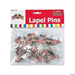 Package of 24 lapel pins featuring crossed American flags with gold-tone metal backing, displayed in clear plastic packaging with red header card.