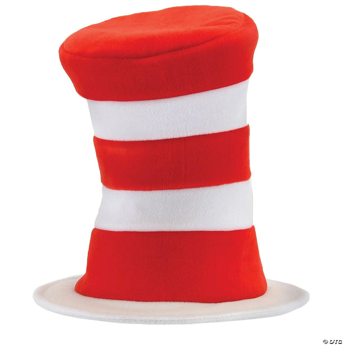 Red and white striped tall felt hat with a rounded top and white brim, inspired by the Cat in the Hat character.