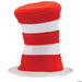 Red and white striped tall felt hat with a rounded top and white brim, inspired by the Cat in the Hat character.