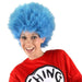Bright blue fluffy wig styled in a tall spiky bouffant with bangs, worn with a red shirt featuring a black and white circular logo.