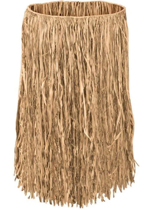 Tan woven grass hula skirt with long fringe strands hanging from an elastic waistband.