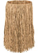 Tan woven grass hula skirt with long fringe strands hanging from an elastic waistband.