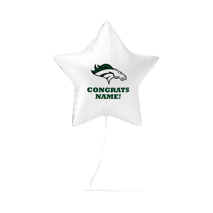White star-shaped foil balloon featuring a green and white horse logo at the top with "CONGRATS NAME!" printed in green text below.