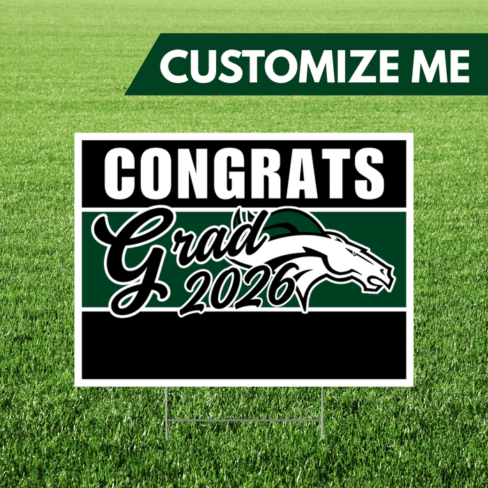Graduation-themed customizable sign with 'Congrats Grad 2026' on a grass background