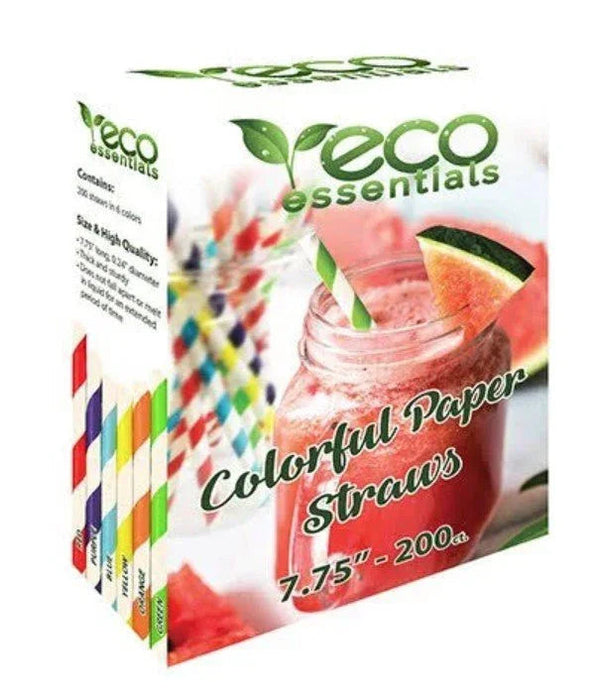Eco Essentials branded box of colorful paper straws in rainbow colors featuring a beverage image on the front, sized 7.75 inches with 200 count.