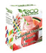 Eco Essentials branded box of colorful paper straws in rainbow colors featuring a beverage image on the front, sized 7.75 inches with 200 count.