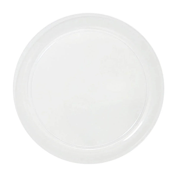 Clear plastic dinner plate with a wide rim and smooth circular well, shown from above against a white background.