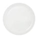Clear plastic dinner plate with a wide rim and smooth circular well, shown from above against a white background.